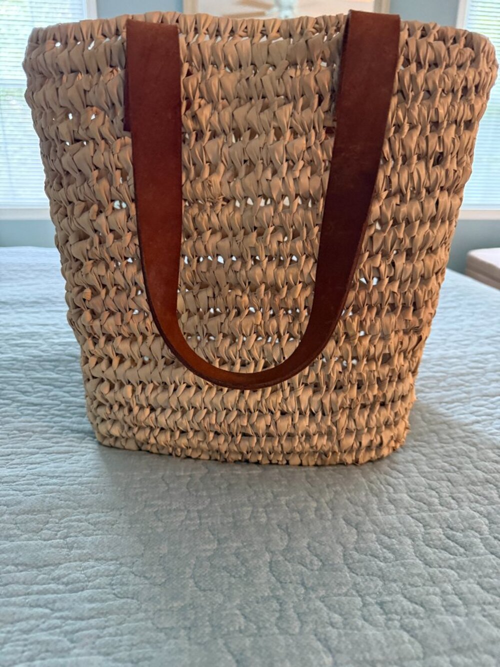 Boho Woven Straw Tote Bag w/ Leather Handles – Summer Beach Vacation